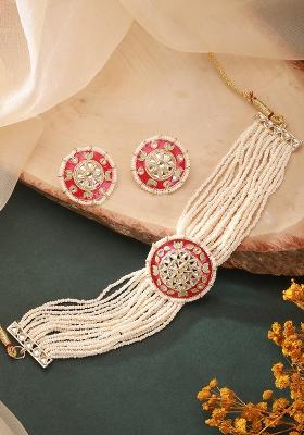 Gold Plated Green And Pink Meenakari Work Floral Multistrand Jewellery Set