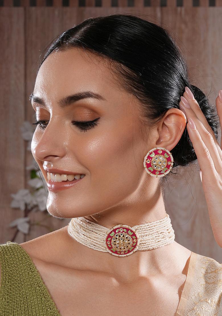 Gold Plated Green And Pink Meenakari Work Floral Multistrand Jewellery Set