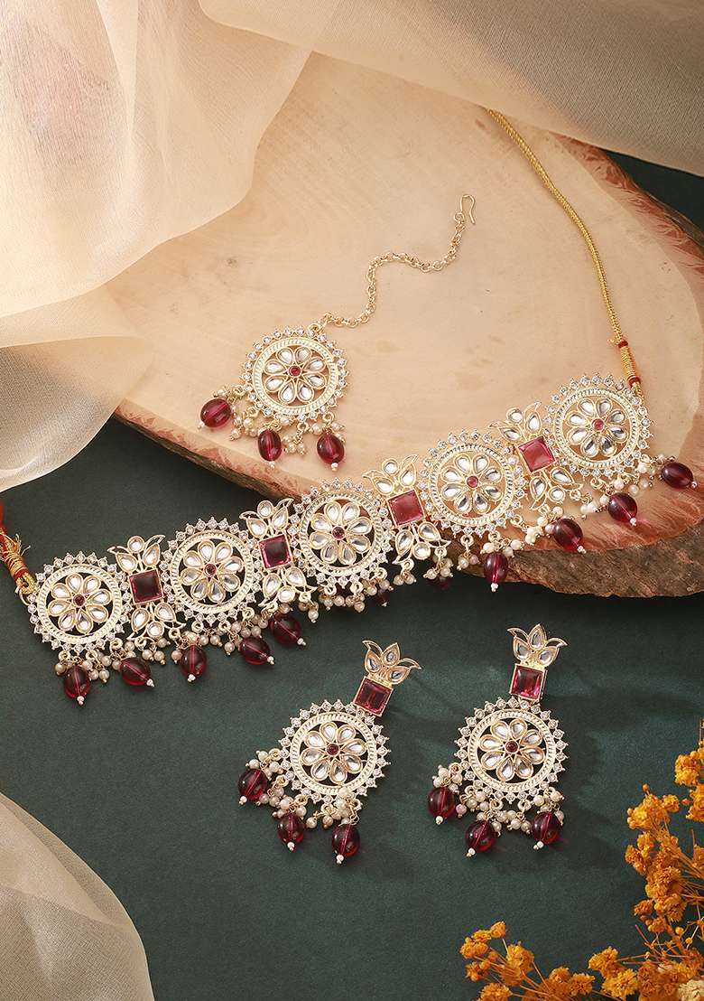 18K Gold Plated Kundan And Zirconia Studded Pearl Beaded Jewellery Set With Maangtikka - Indya
