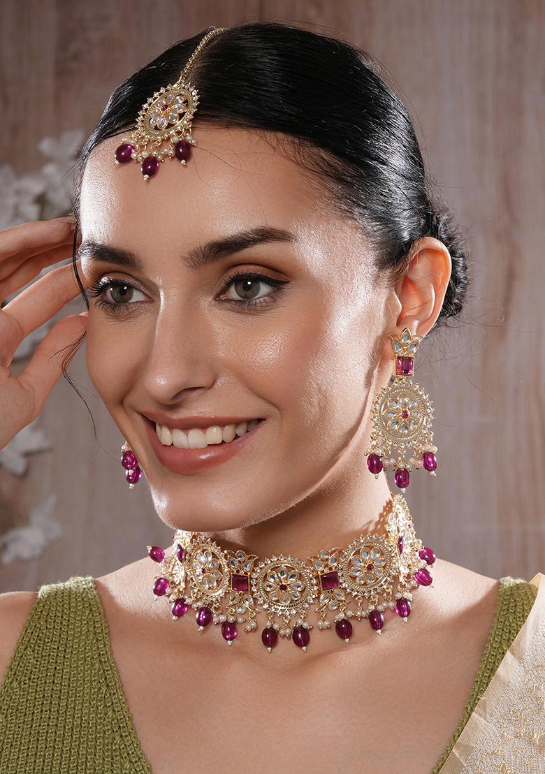 18K Gold Plated Kundan And Zirconia Studded Pearl Beaded Jewellery Set With Maangtikka