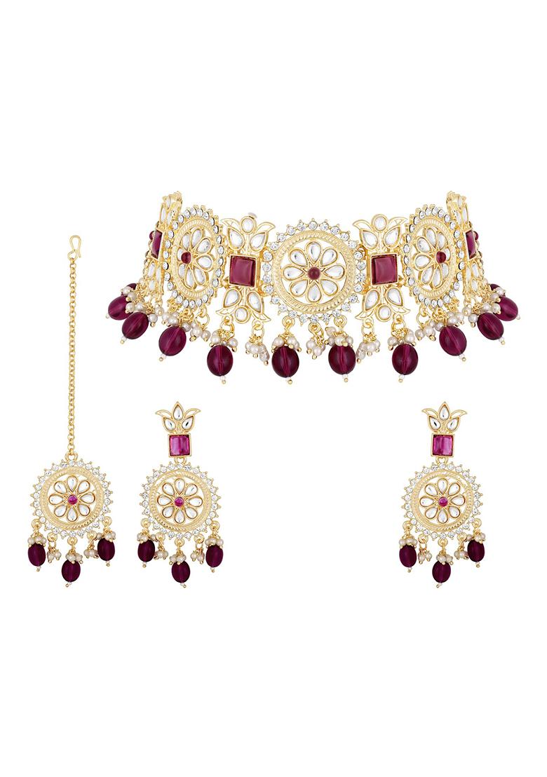 18K Gold Plated Kundan And Zirconia Studded Pearl Beaded Jewellery Set With Maangtikka