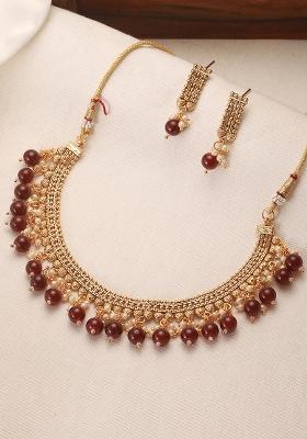 Gold Plated Maroon And White Pearl Beaded Antique Jewellery Set