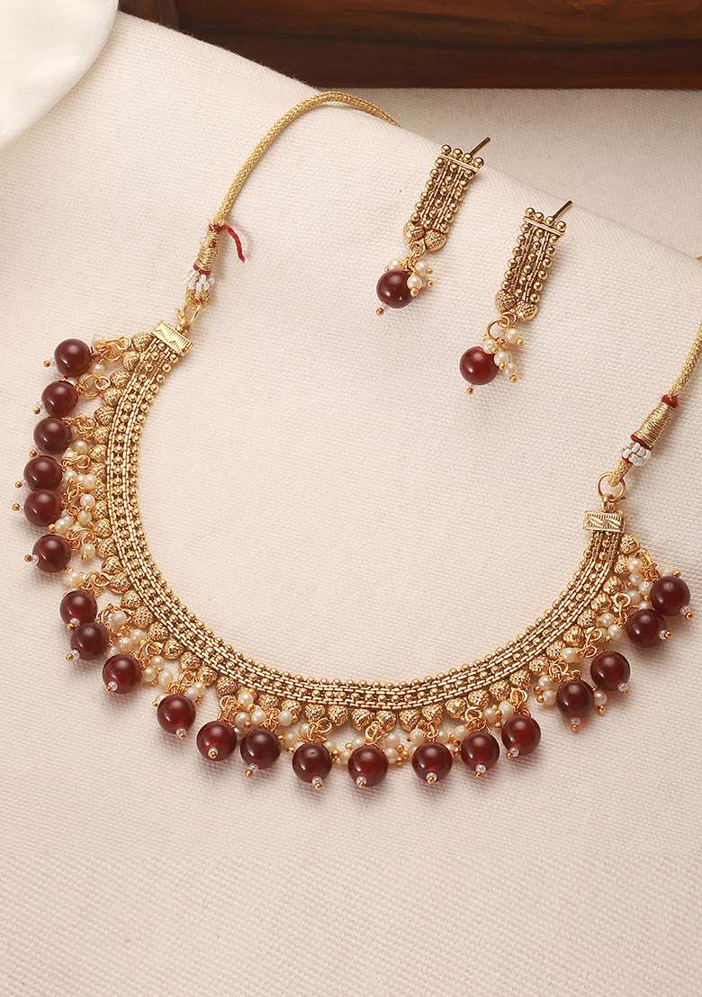 Gold Plated Maroon And White Pearl Beaded Antique Jewellery Set - Indya