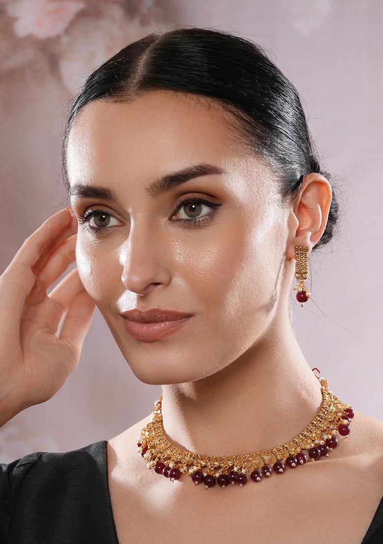 Gold Plated Maroon And White Pearl Beaded Antique Jewellery Set