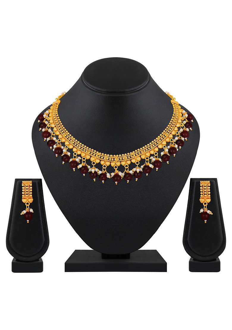 Gold Plated Maroon And White Pearl Beaded Antique Jewellery Set - Indya