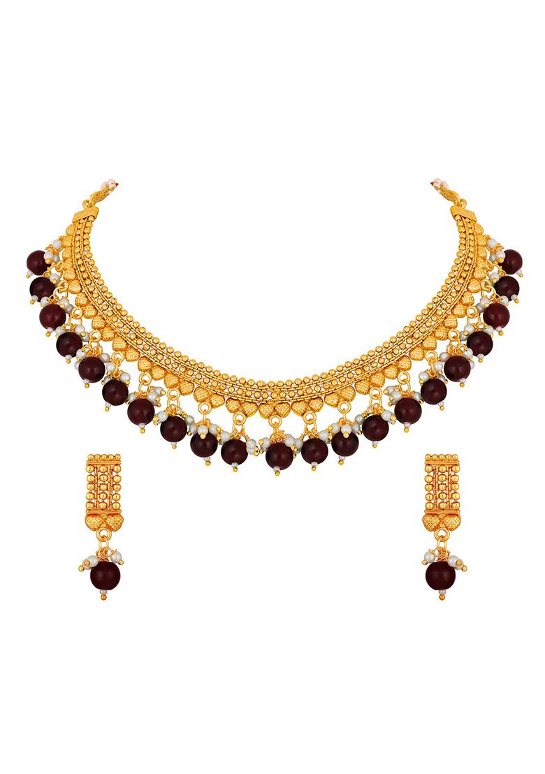 Gold Plated Maroon And White Pearl Beaded Antique Jewellery Set