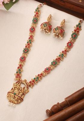&nbsp;Gold Plated Ruby And Emerald Stone Studded Temple Jewellery Set With Pearl And Gold Beads