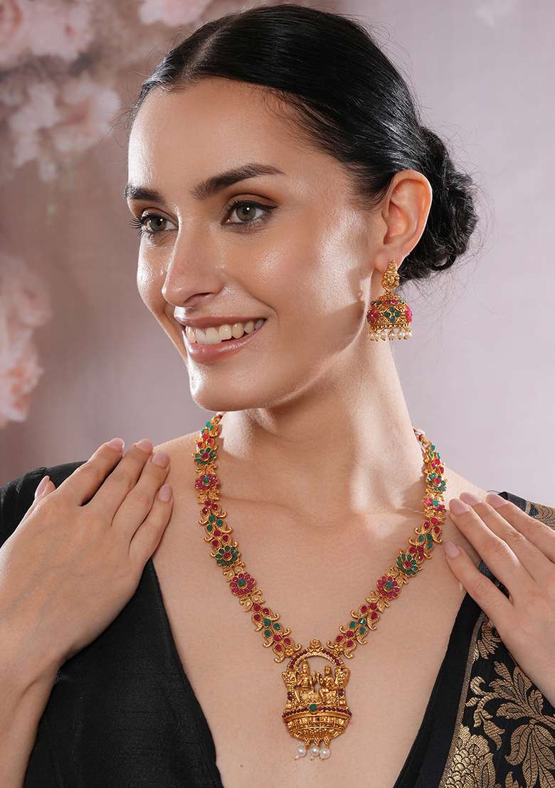 &nbsp;Gold Plated Ruby And Emerald Stone Studded Temple Jewellery Set With Pearl And Gold Beads - Indya