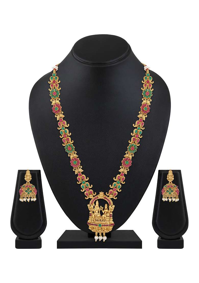 &nbsp;Gold Plated Ruby And Emerald Stone Studded Temple Jewellery Set With Pearl And Gold Beads - Indya