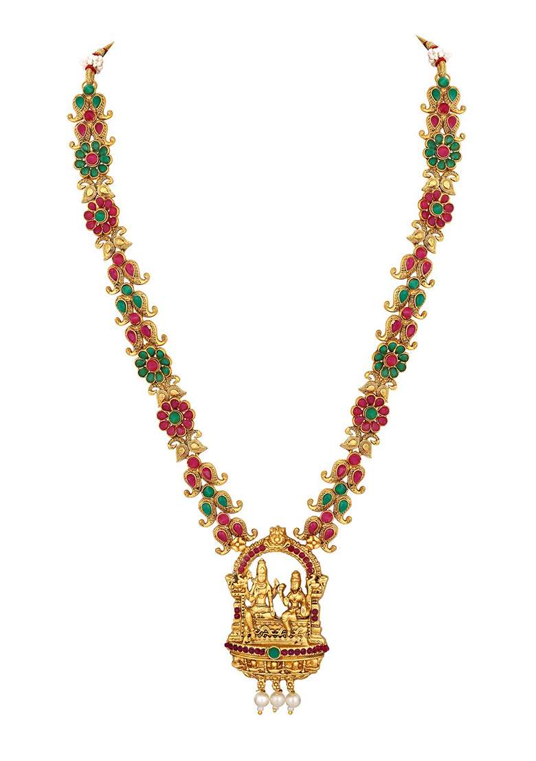 &nbsp;Gold Plated Ruby And Emerald Stone Studded Temple Jewellery Set With Pearl And Gold Beads - Indya
