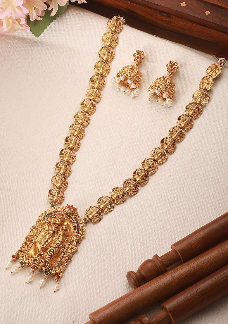 22K Gold Plated Golden Beads And Pearl Drops Radha Krishna Temple Jewellery Set - Indya