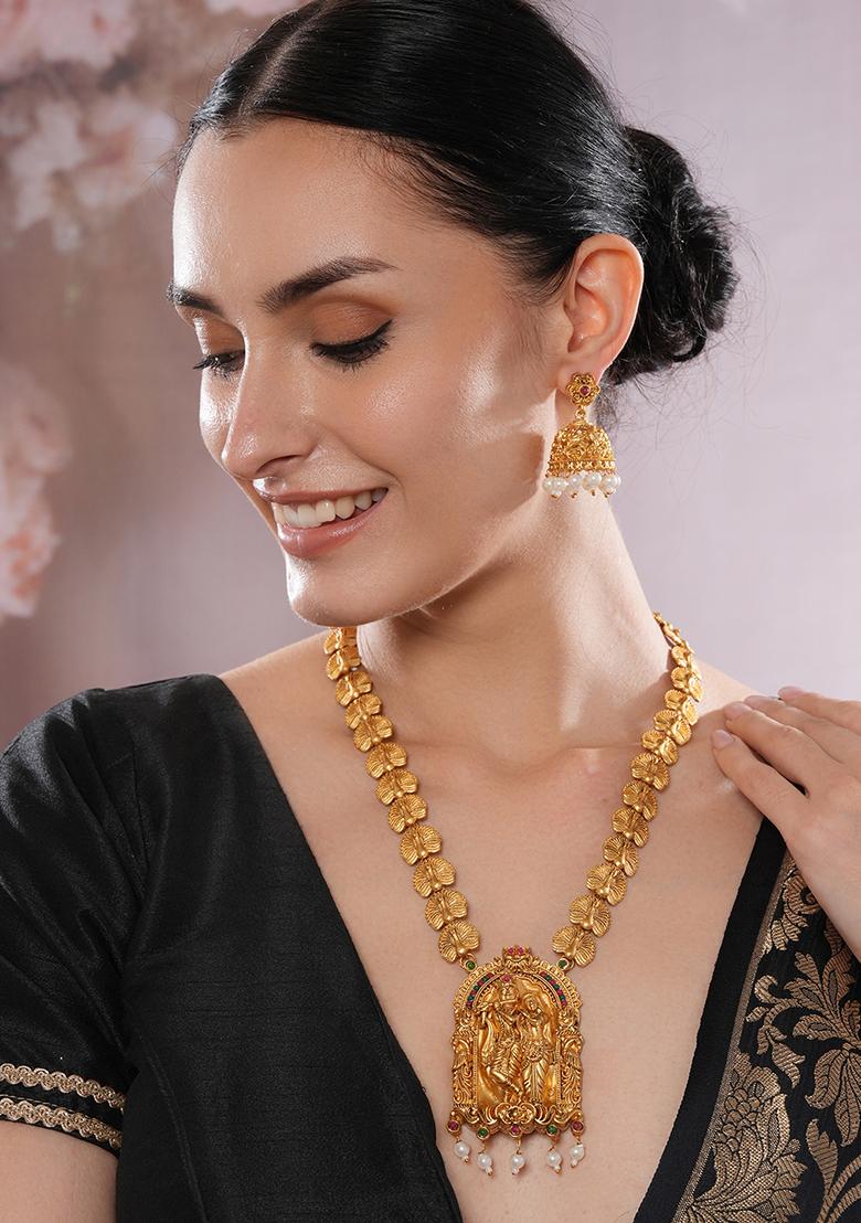 22K Gold Plated Golden Beads And Pearl Drops Radha Krishna Temple Jewellery Set