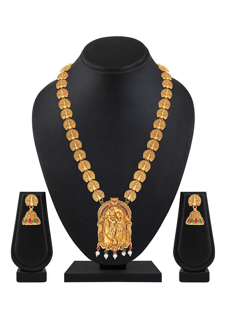22K Gold Plated Golden Beads And Pearl Drops Radha Krishna Temple Jewellery Set - Indya