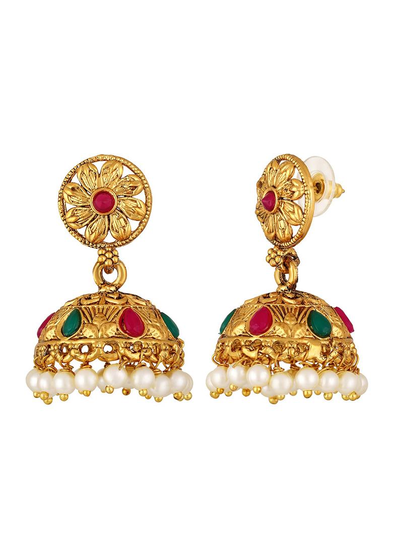 Gold Plated Faux Ruby Studded Floral Temple Jewellery Set