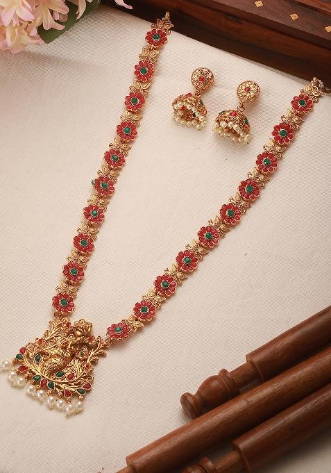 Gold Plated Faux Ruby Studded Floral Temple Jewellery Set