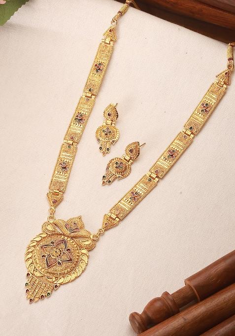 22K Gold Plated Circular Design Necklace Set With Matching Earrings