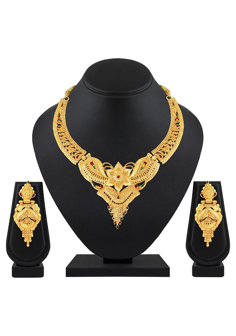 22K Gold Plated Leaf Design Necklace Set With Matching Earrings