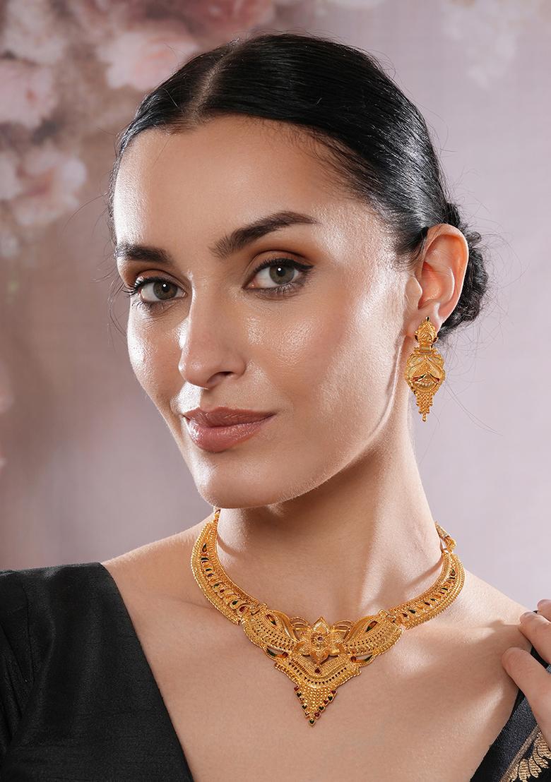 22K Gold Plated Leaf Design Necklace Set With Matching Earrings