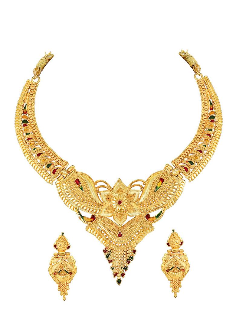 22K Gold Plated Leaf Design Necklace Set With Matching Earrings