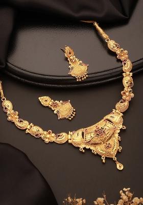 22K Gold Plated Floral Design Necklace Set With Matching Earrings