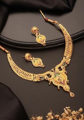 22K Gold Plated Peacock Design Necklace Set With Matching Earrings