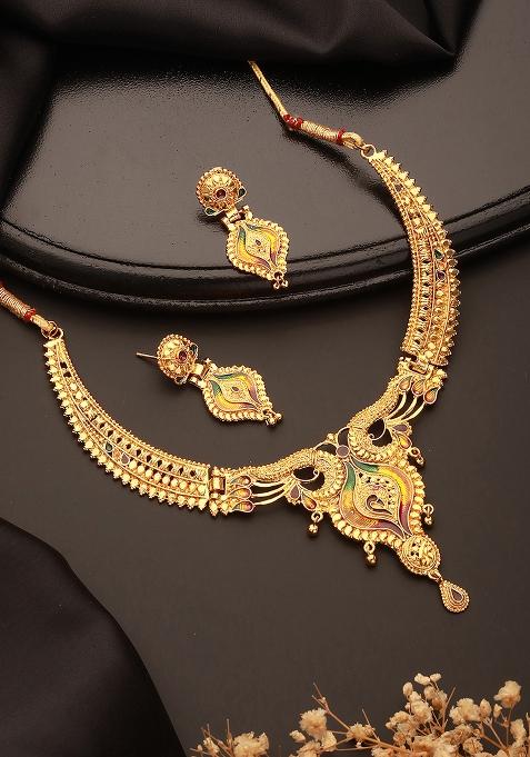 22K Gold Plated Peacock Design Necklace Set With Matching Earrings