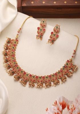 22K Gold Plated Ruby Kundan And Stone Studded Necklace Set With Pearl Beads