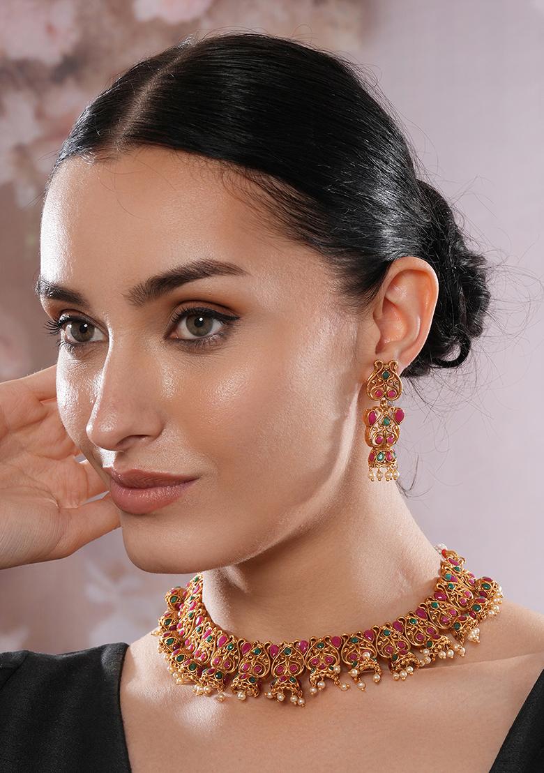 22K Gold Plated Ruby Kundan And Stone Studded Necklace Set With Pearl Beads