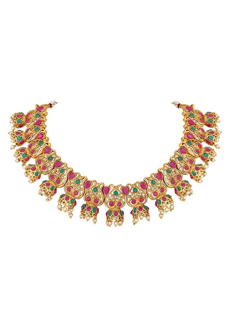 22K Gold Plated Ruby Kundan And Stone Studded Necklace Set With Pearl Beads