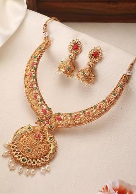 Gold Plated American Diamond Stones Studded Necklace And Earrings