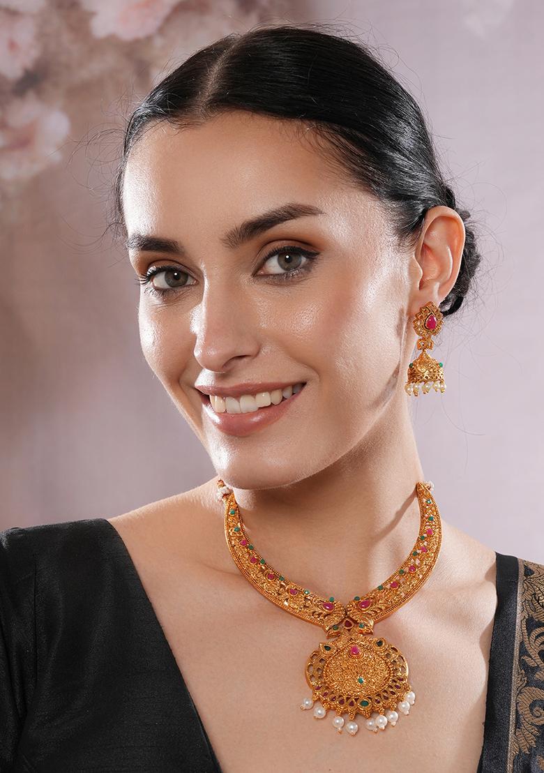 Gold Plated American Diamond Stones Studded Necklace And Earrings