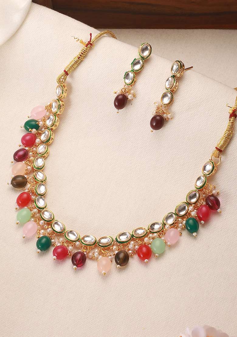 Gold Plated Kundan Studded And Multicolor Pearl Beaded Handcrafted Jewellery Set - Indya