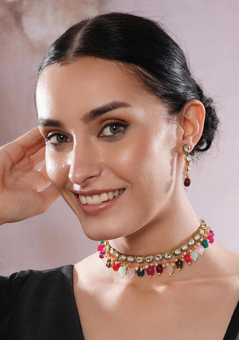 Gold Plated Kundan Studded And Multicolor Pearl Beaded Handcrafted Jewellery Set