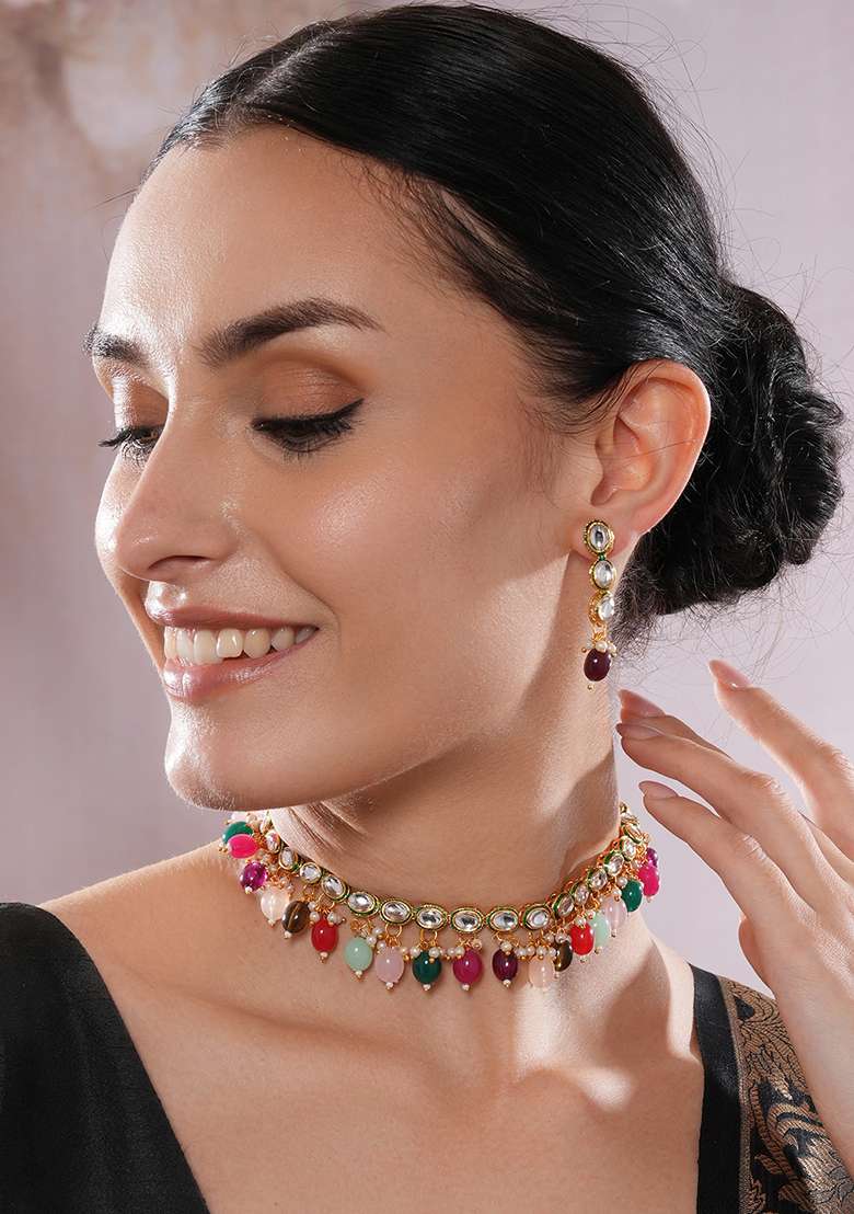 Gold Plated Kundan Studded And Multicolor Pearl Beaded Handcrafted Jewellery Set - Indya