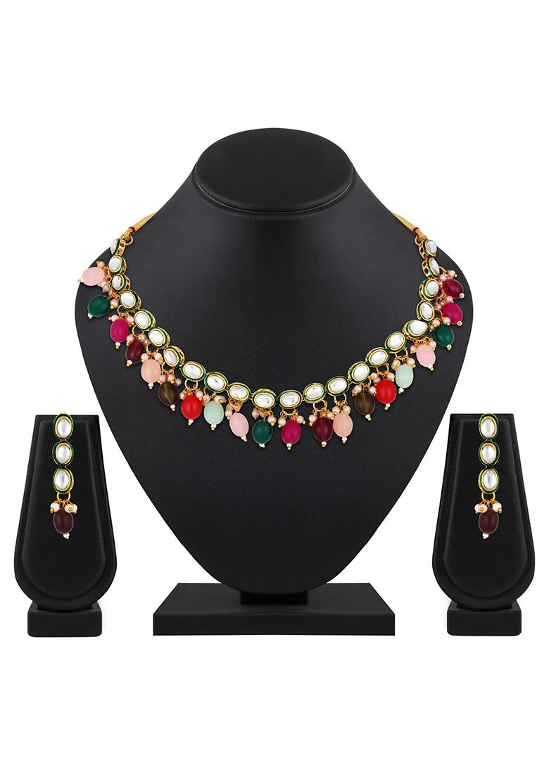 Gold Plated Kundan Studded And Multicolor Pearl Beaded Handcrafted Jewellery Set