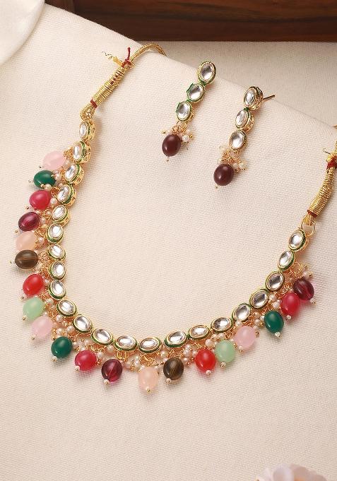 Gold Plated Kundan Studded And Multicolor Pearl Beaded Handcrafted Jewellery Set