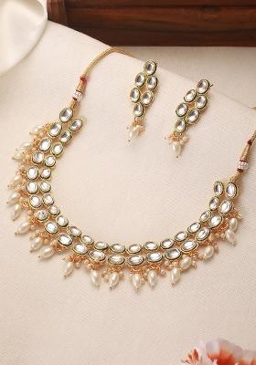 Gold Plated Kundan Studded And White Beaded Handcrafted Jewellery Set