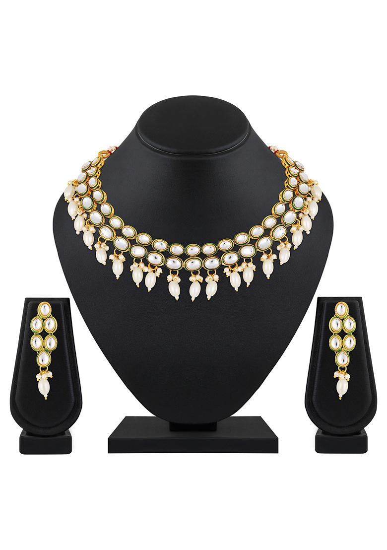 Gold Plated Kundan Studded And White Beaded Handcrafted Jewellery Set