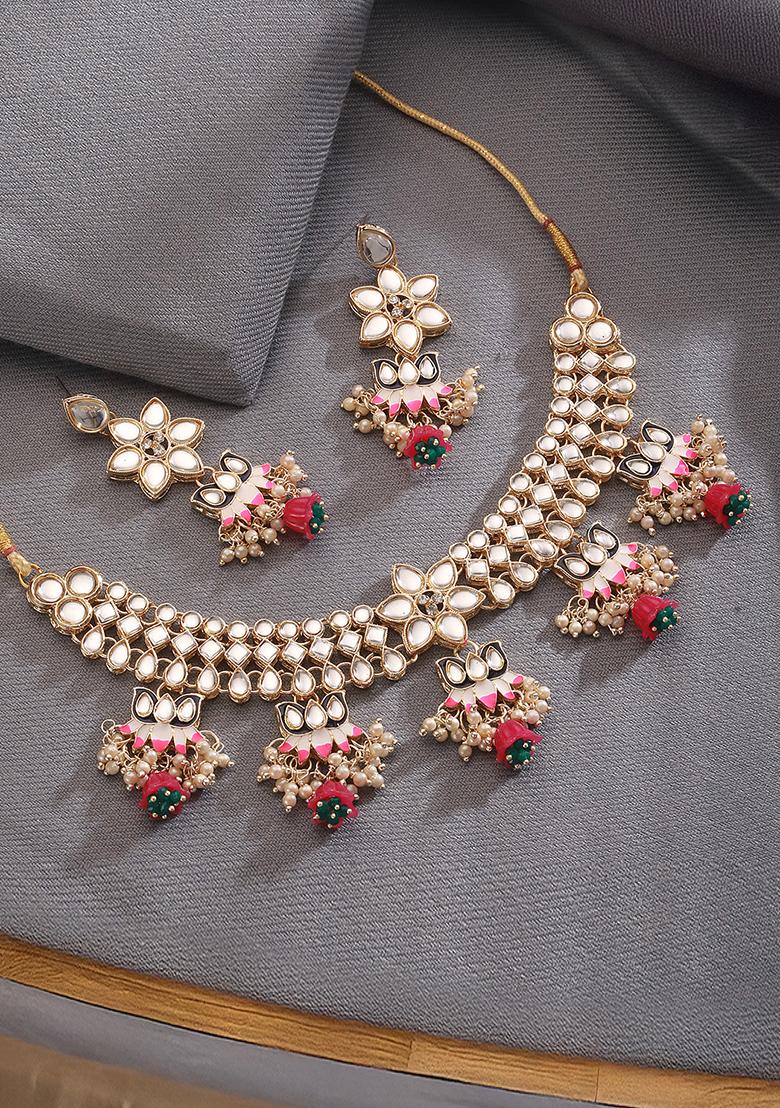 Gold Plated Kundan Studded Lotus Shaped Black And Pink Minakari Jewellery Set