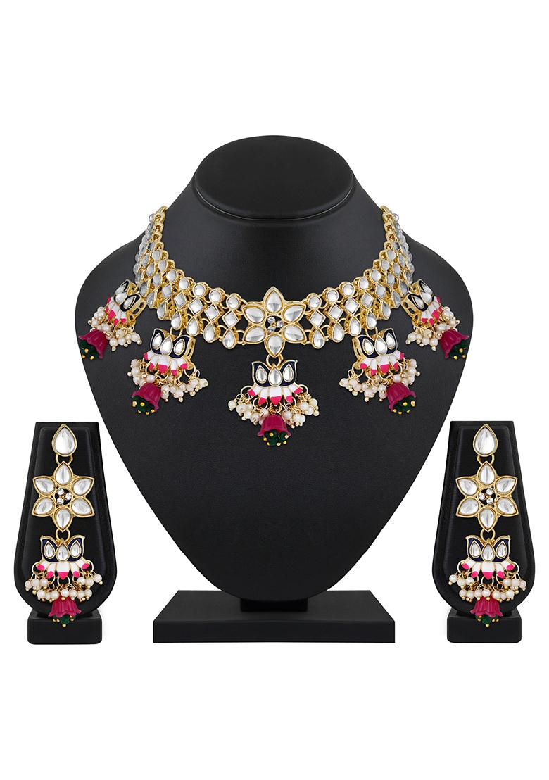 Gold Plated Kundan Studded Lotus Shaped Black And Pink Minakari Jewellery Set