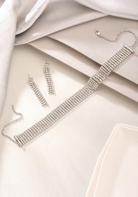Silver Plated Crystal And Zirconia Studded Multistrand Jewellery Set