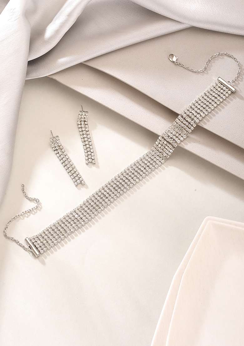 Silver Plated Crystal And Zirconia Studded Multistrand Jewellery Set - Indya
