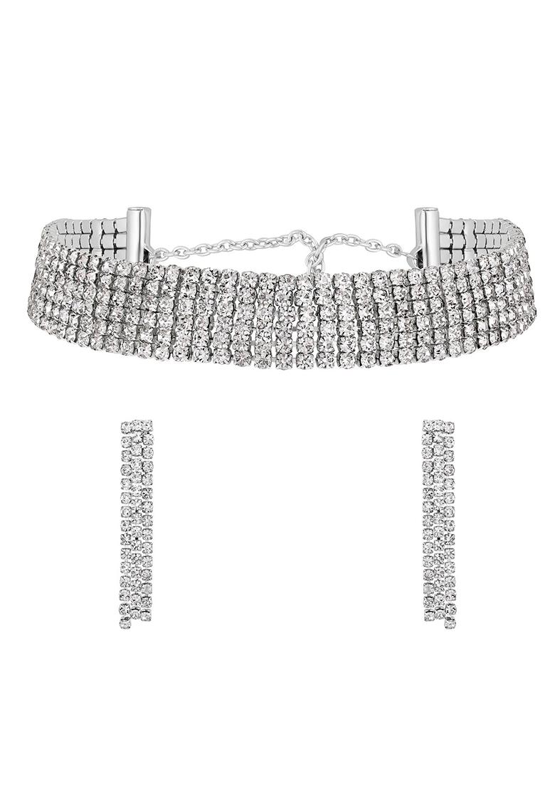Silver Plated Crystal And Zirconia Studded Multistrand Jewellery Set