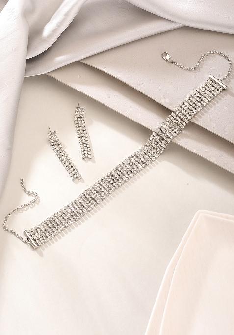 Silver Plated Crystal And Zirconia Studded Multistrand Jewellery Set