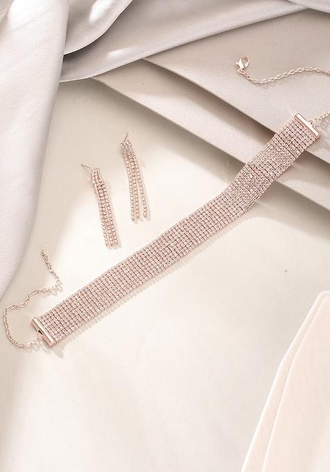 18K Rosegold Plated Crystal Ad And Zirconia Studded Multistrand Statement Jewellery Set