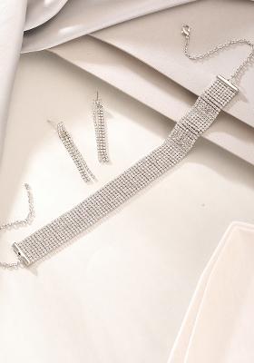 18K Rhodium Plated Crystal Ad And Zirconia Studded Multistrand Statement Jewellery Set