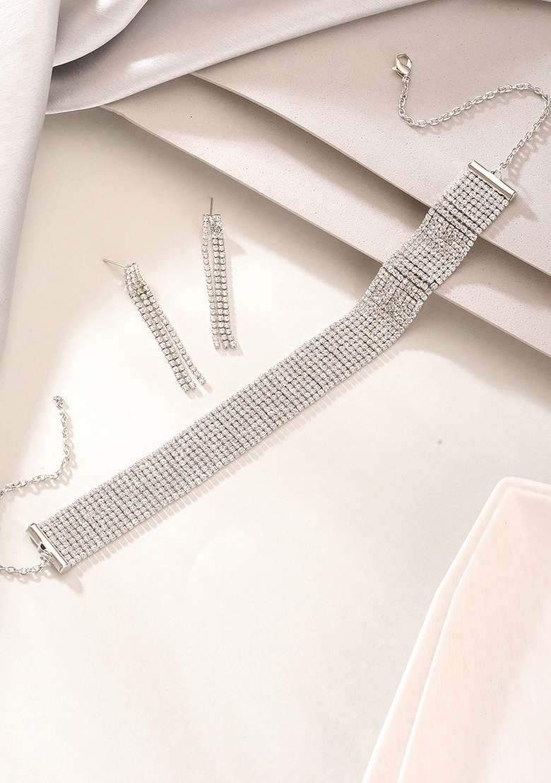 18K Rhodium Plated Crystal Ad And Zirconia Studded Multistrand Statement Jewellery Set - Indya