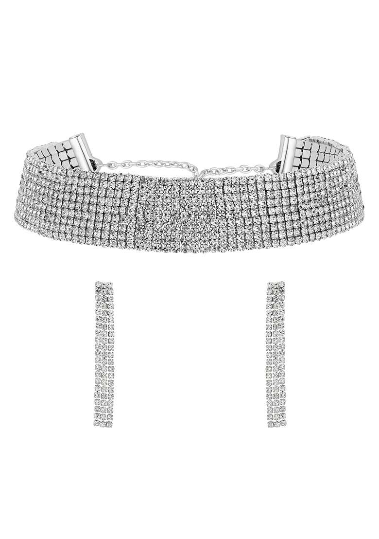 18K Rhodium Plated Crystal Ad And Zirconia Studded Multistrand Statement Jewellery Set - Indya