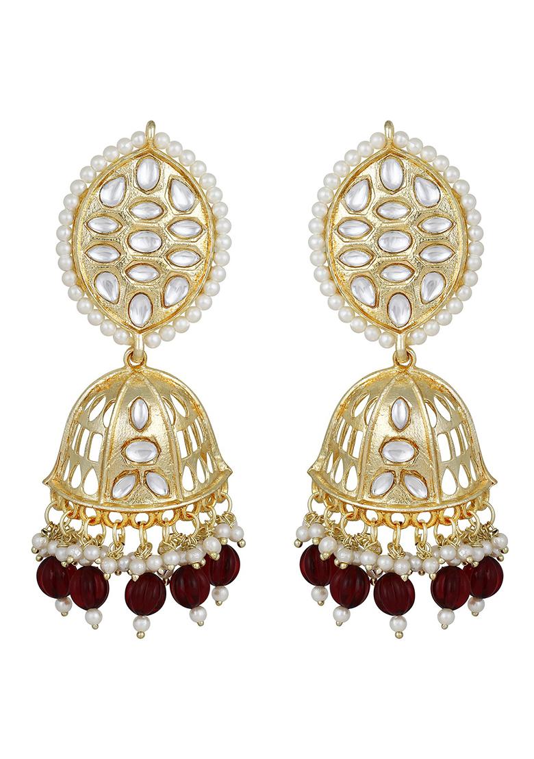 Gold Plated Kundan Studded And Beaded Maroon Necklace And Earrings Set With Maangtikka