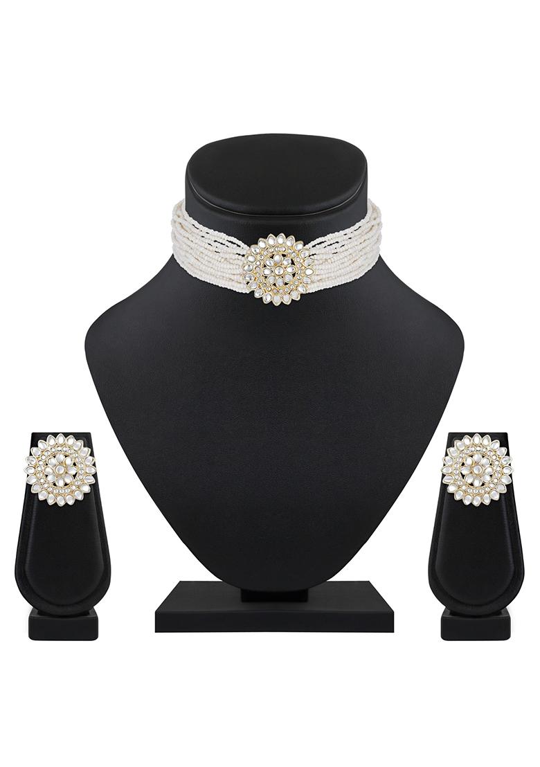 Gold Plated Kundan Studded And Beaded White Floral Necklace And Earrings Set